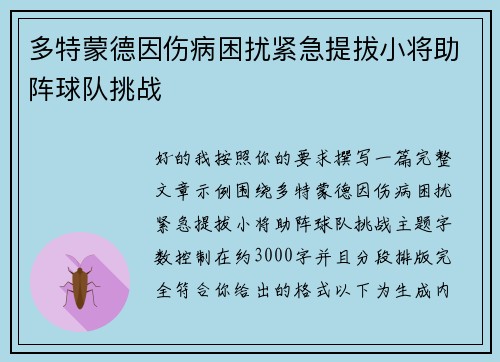 多特蒙德因伤病困扰紧急提拔小将助阵球队挑战 多特蒙德因伤病困扰紧急提拔小将助阵球队挑战