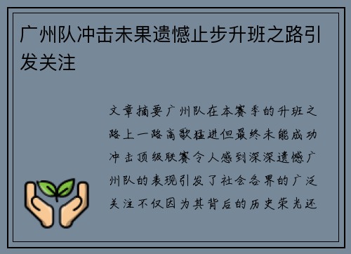 广州队冲击未果遗憾止步升班之路引发关注 广州队冲击未果遗憾止步升班之路引发关注